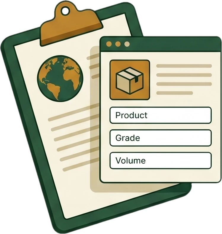 A buyer brief showing product, grade, and volume fields beside a globe.