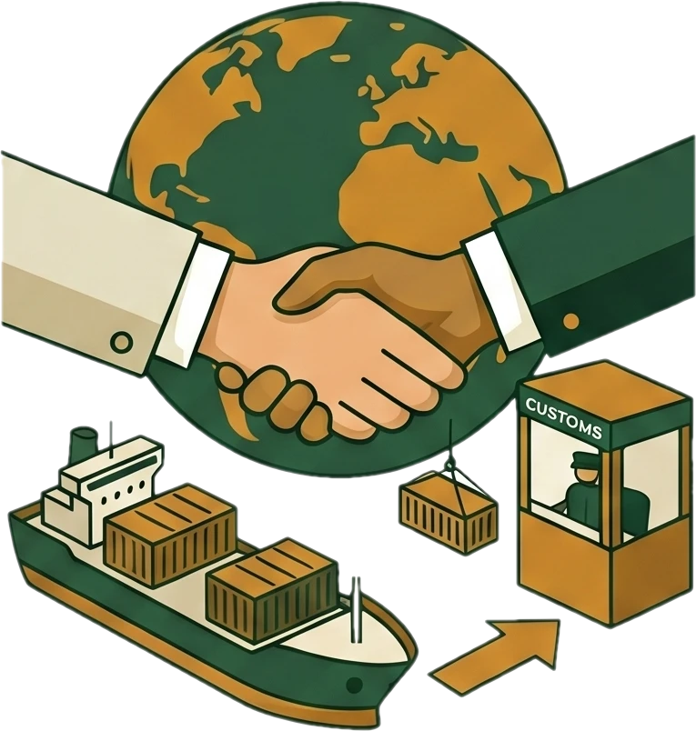 A handshake over a globe with a container ship, customs booth, and cargo.