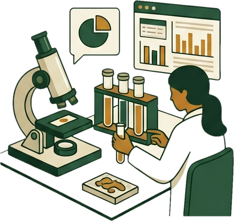 A lab technician testing a sample with a microscope, test tubes, and analysis charts.
